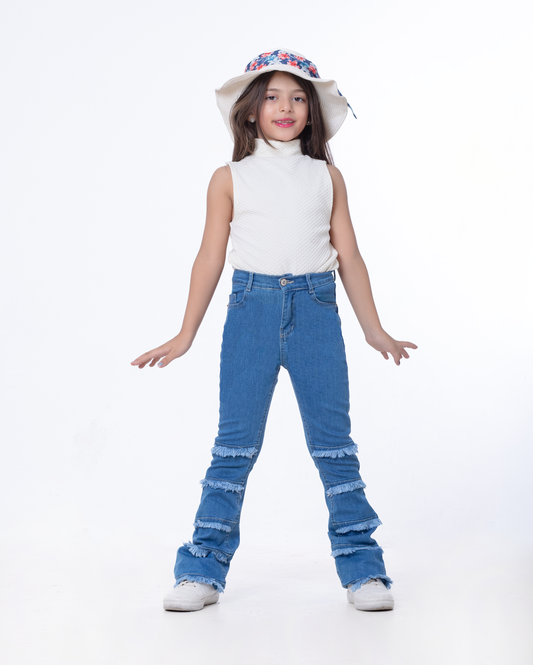 High Waist Charleston Fringe Trim Jeans Pants Medium Blue Color Teenager OH-645B