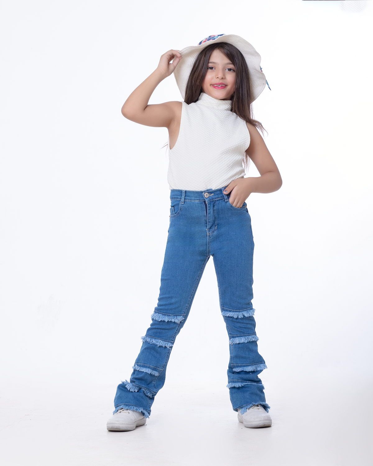 High Waist Charleston Fringe Trim Jeans Pants Medium Blue Color Teenager OH-645B