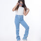 High Waist Charleston Fringe Trim Jeans Pants Light Blue Color Teenager OH-645C