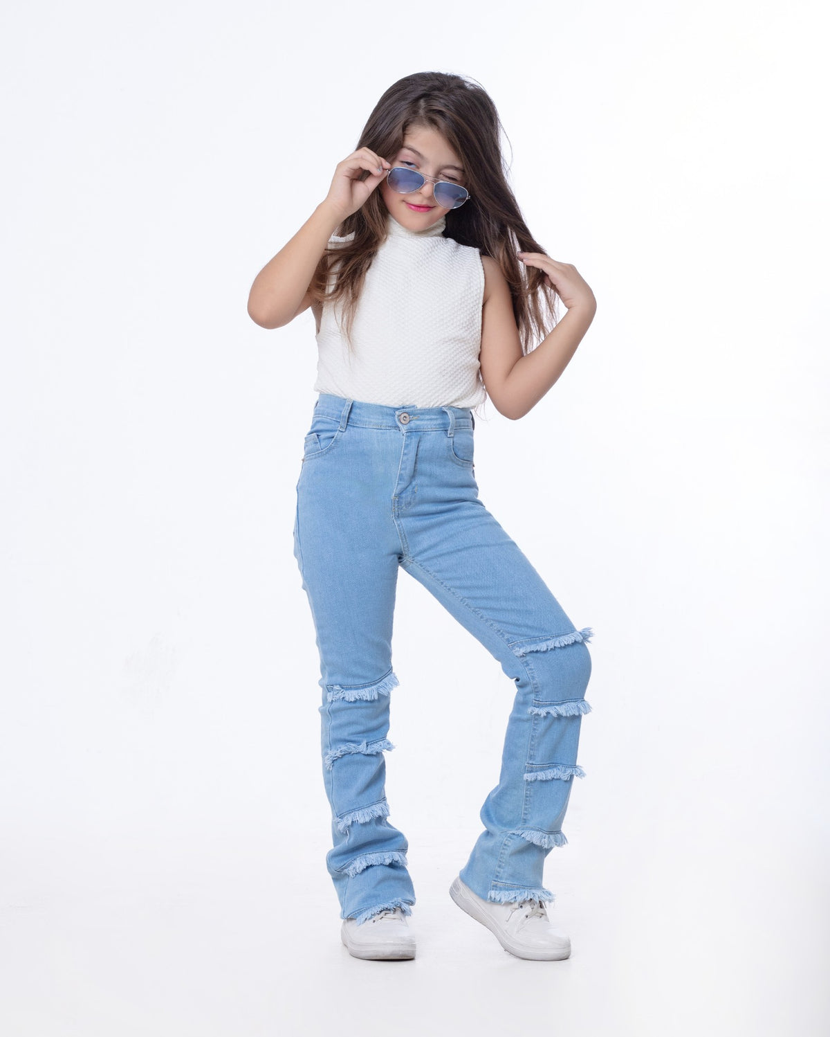 High Waist Charleston Fringe Trim Jeans Pants Light Blue Color Teenager OH-645C