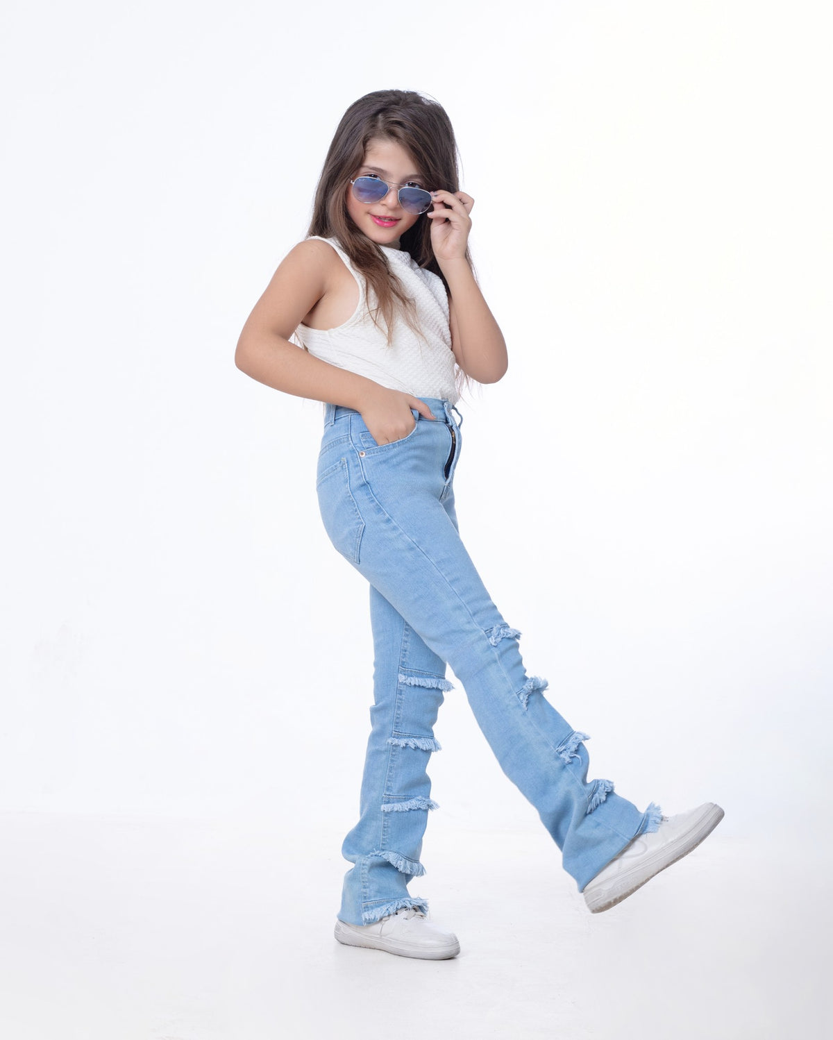 High Waist Charleston Fringe Trim Jeans Pants Light Blue Color Teenager OH-645C