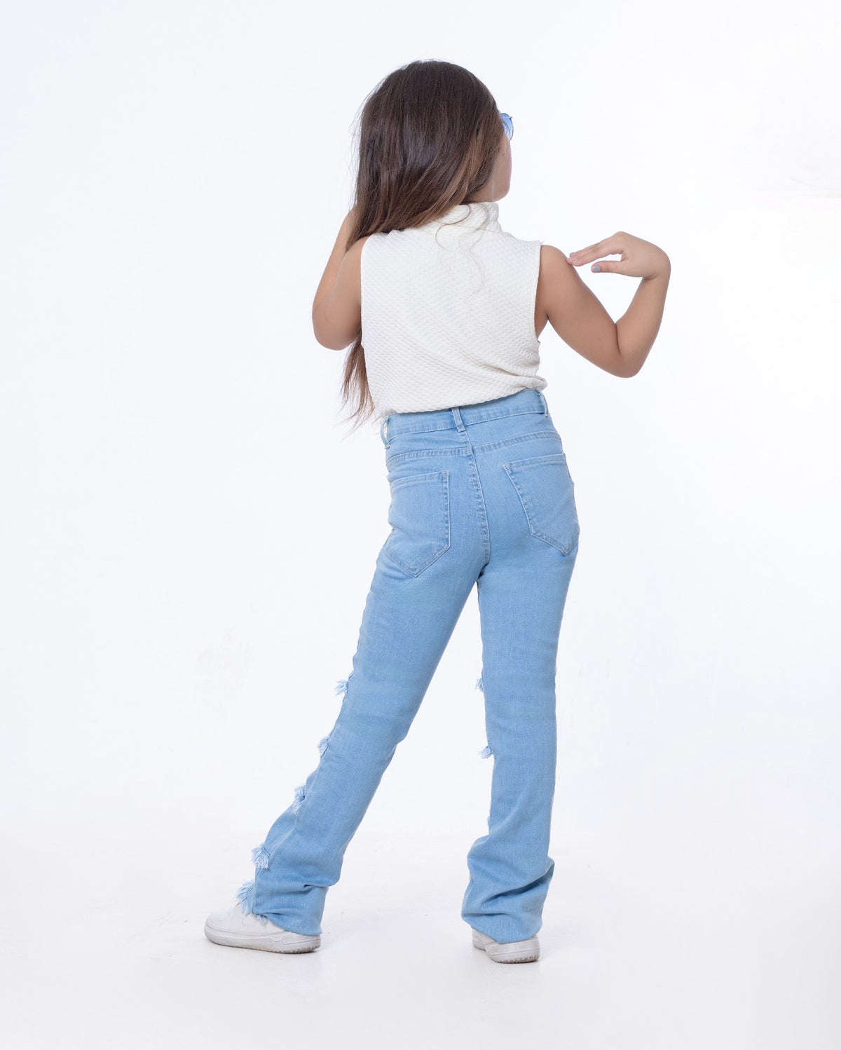 High Waist Charleston Fringe Trim Jeans Pants Light Blue Color Teenager OH-645C