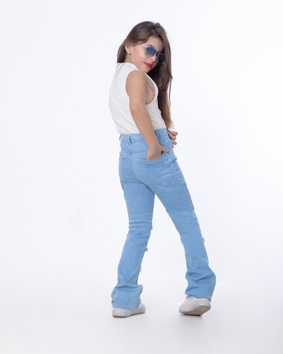 High Waist Charleston Fringe Trim Jeans Pants Light Blue Color Teenager OH-645C