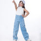 High Waist Straight Flower Pattern Light Blue Jeans Pants Teenager OB-643C