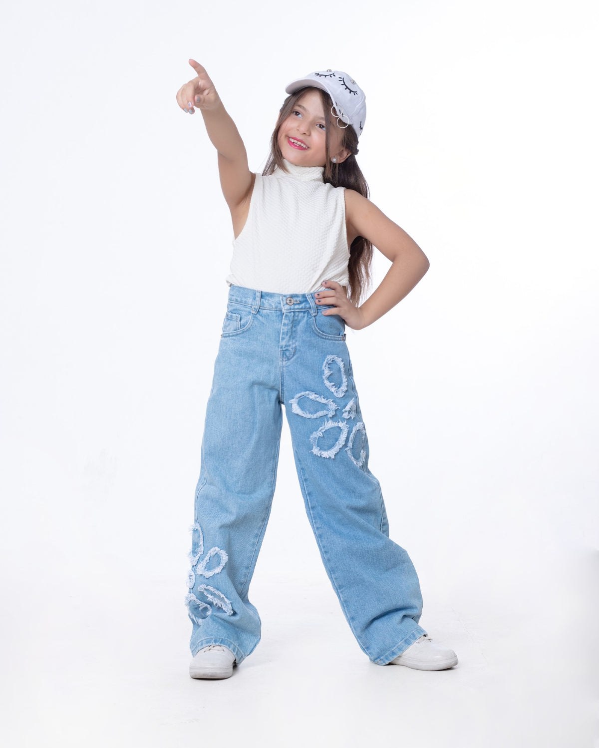 High Waist Straight Flower Pattern Light Blue Jeans Pants Teenager OB-643C