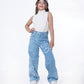 High Waist Straight Flower Pattern Light Blue Jeans Pants Teenager OB-643C