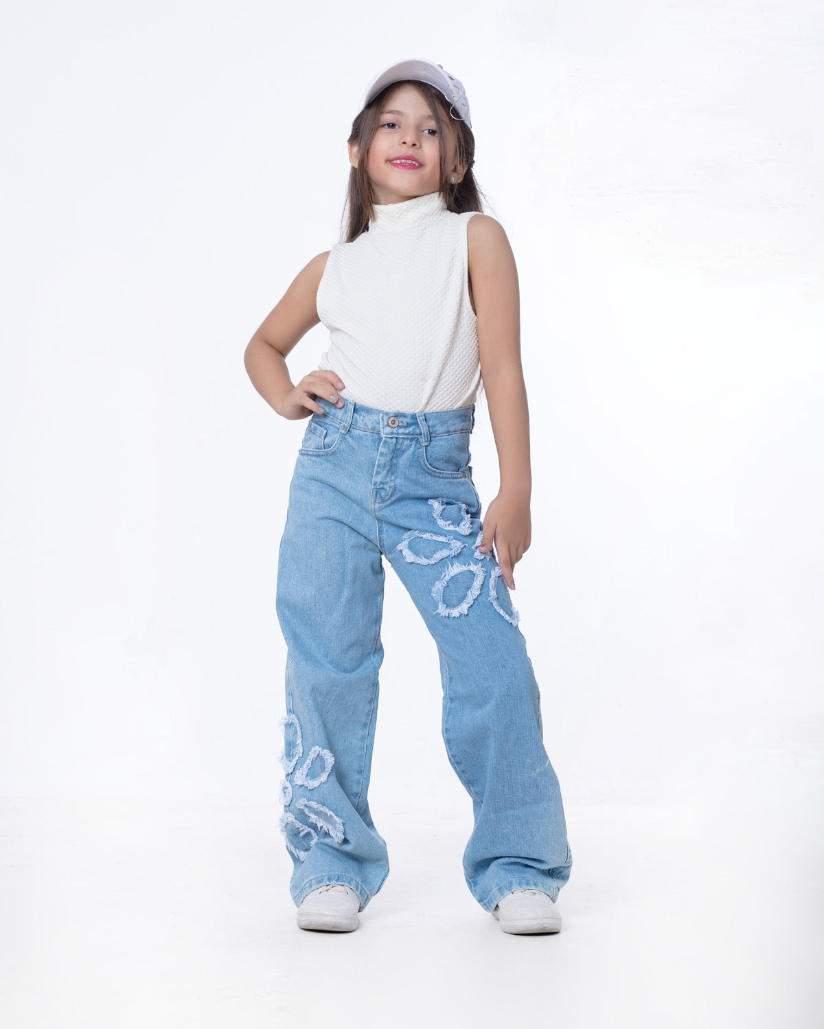 High Waist Straight Flower Pattern Light Blue Jeans Pants Teenager OB-643C