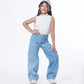 High Waist Straight Flower Pattern Light Blue Jeans Pants Teenager OB-643C