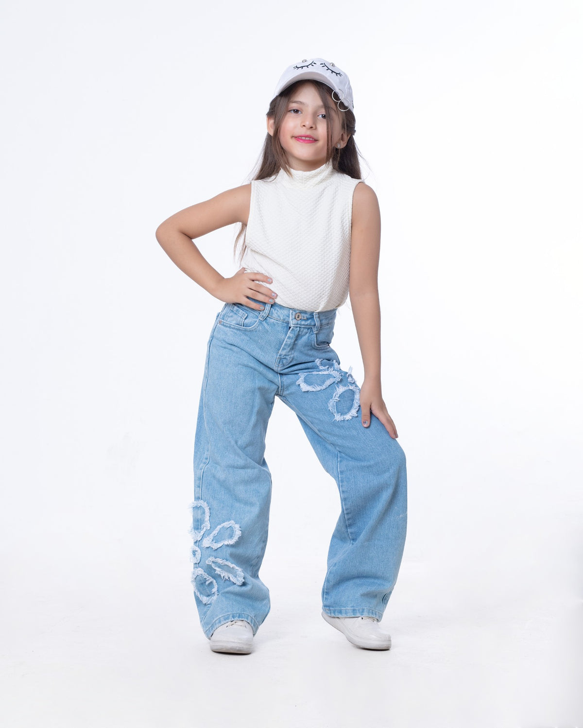 High Waist Straight Flower Pattern Light Blue Jeans Pants Teenager OB-643C