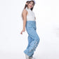 High Waist Straight Flower Pattern Light Blue Jeans Pants Teenager OB-643C