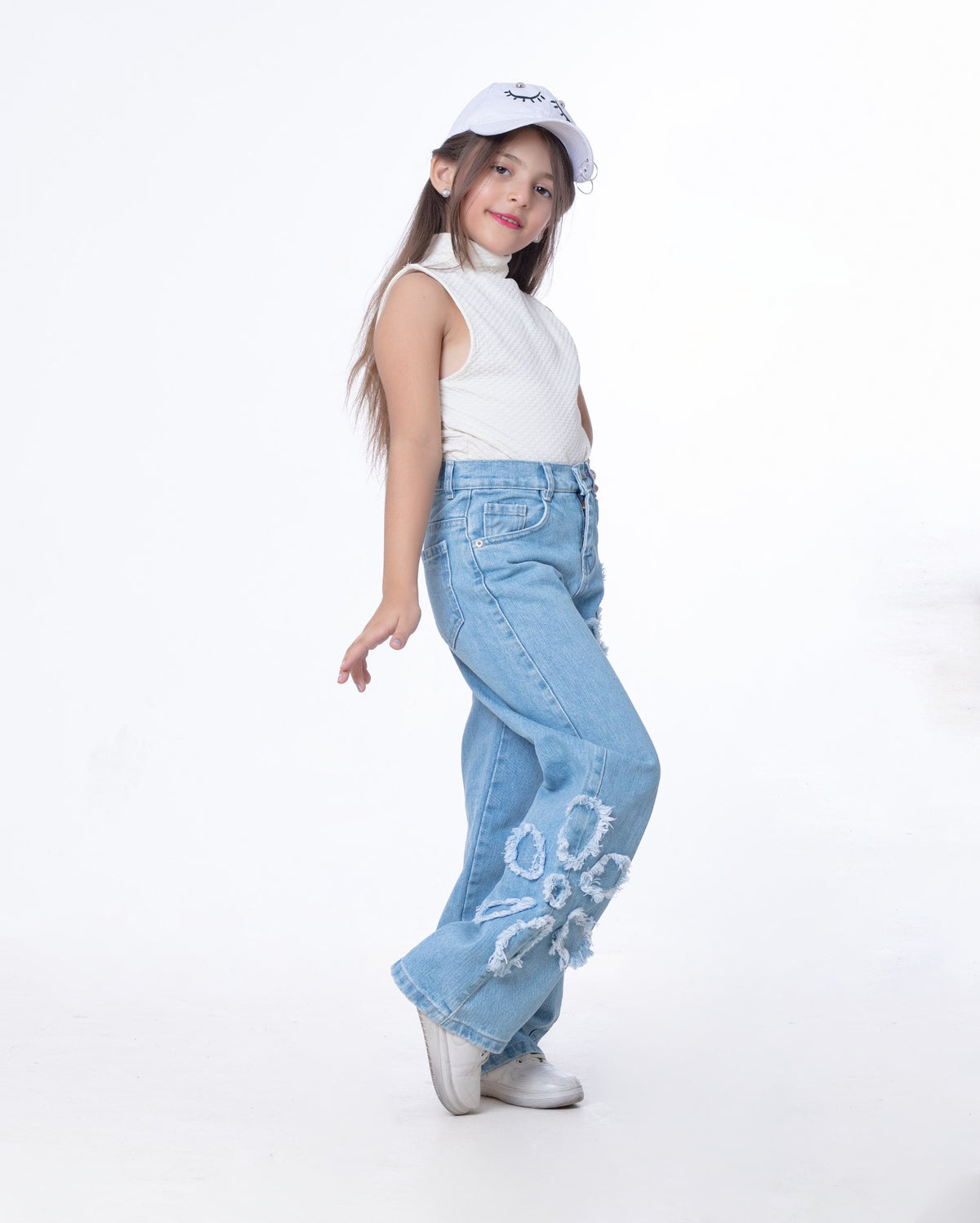 High Waist Straight Flower Pattern Light Blue Jeans Pants Teenager OB-643C