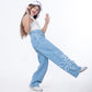 High Waist Straight Flower Pattern Light Blue Jeans Pants Teenager OB-643C