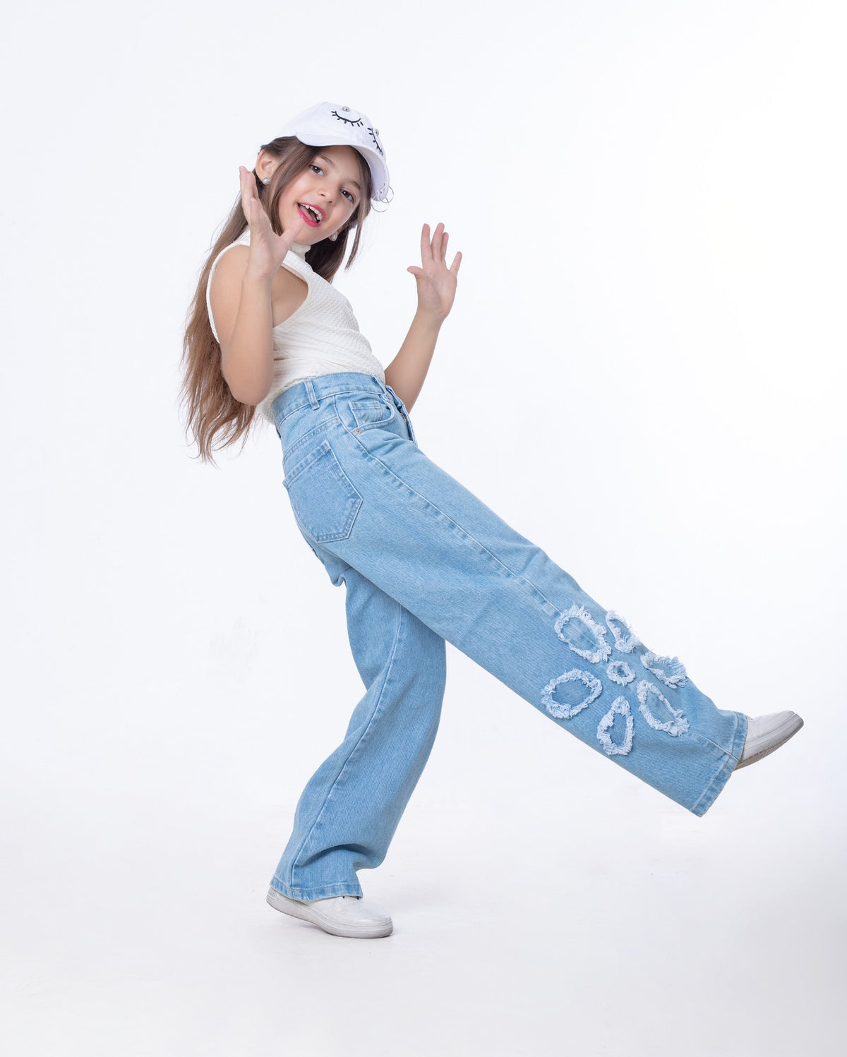 High Waist Straight Flower Pattern Light Blue Jeans Pants Teenager OB-643C