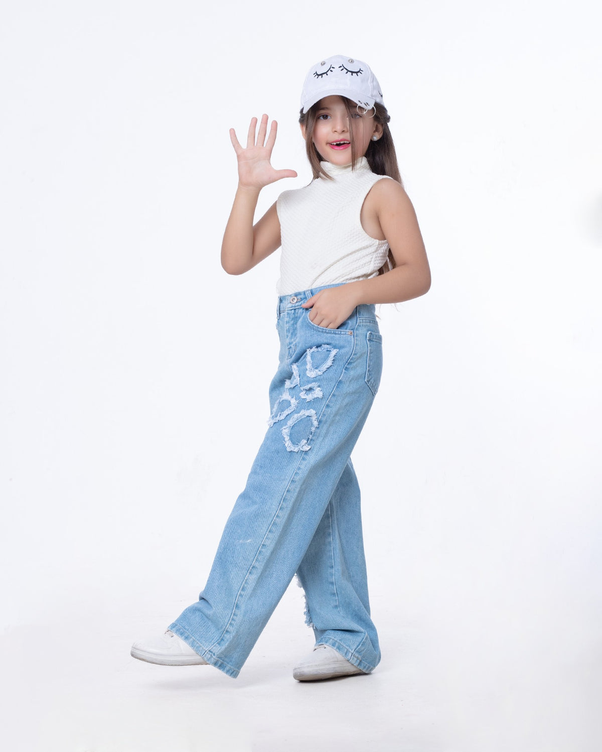 High Waist Straight Flower Pattern Light Blue Jeans Pants Teenager OB-643C