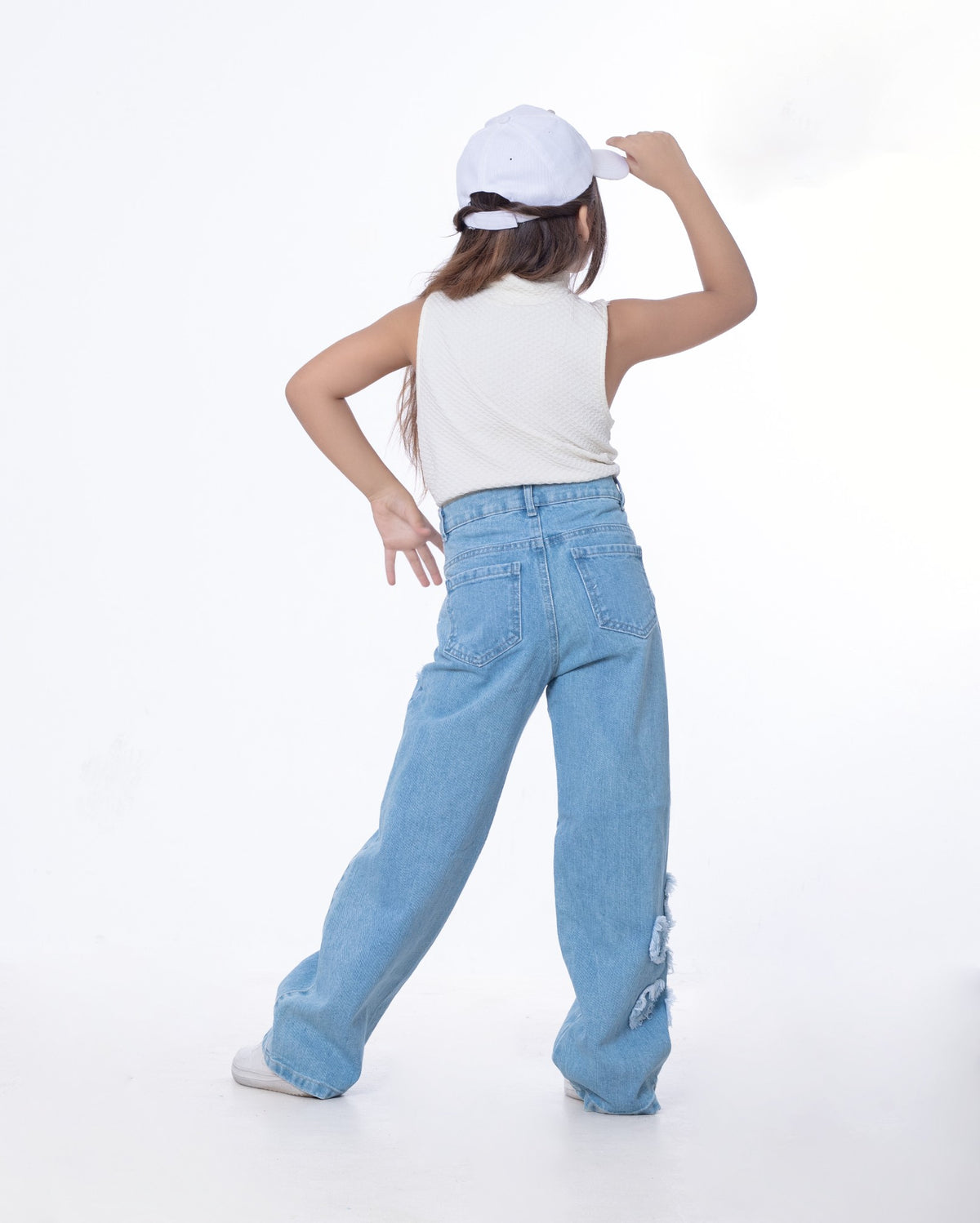 High Waist Straight Flower Pattern Light Blue Jeans Pants Teenager OB-643C