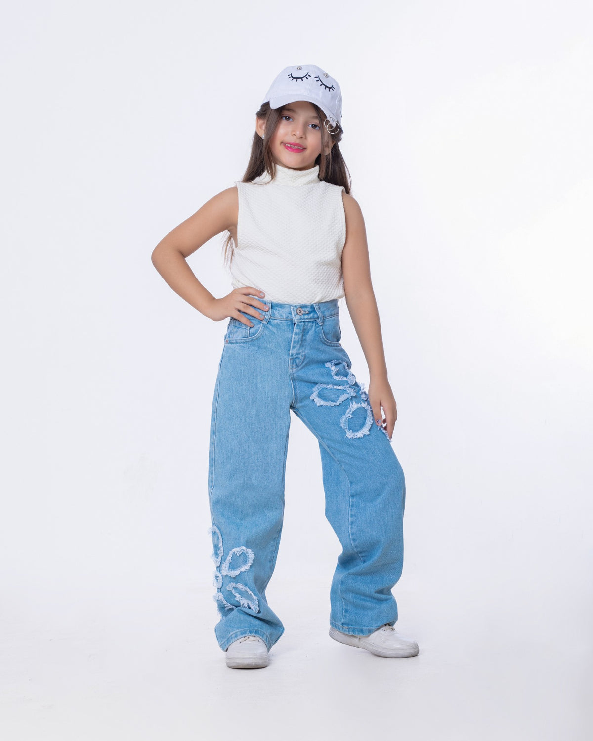 High Waist Straight Flower Pattern Light Blue Jeans Pants Teenager OB-643C