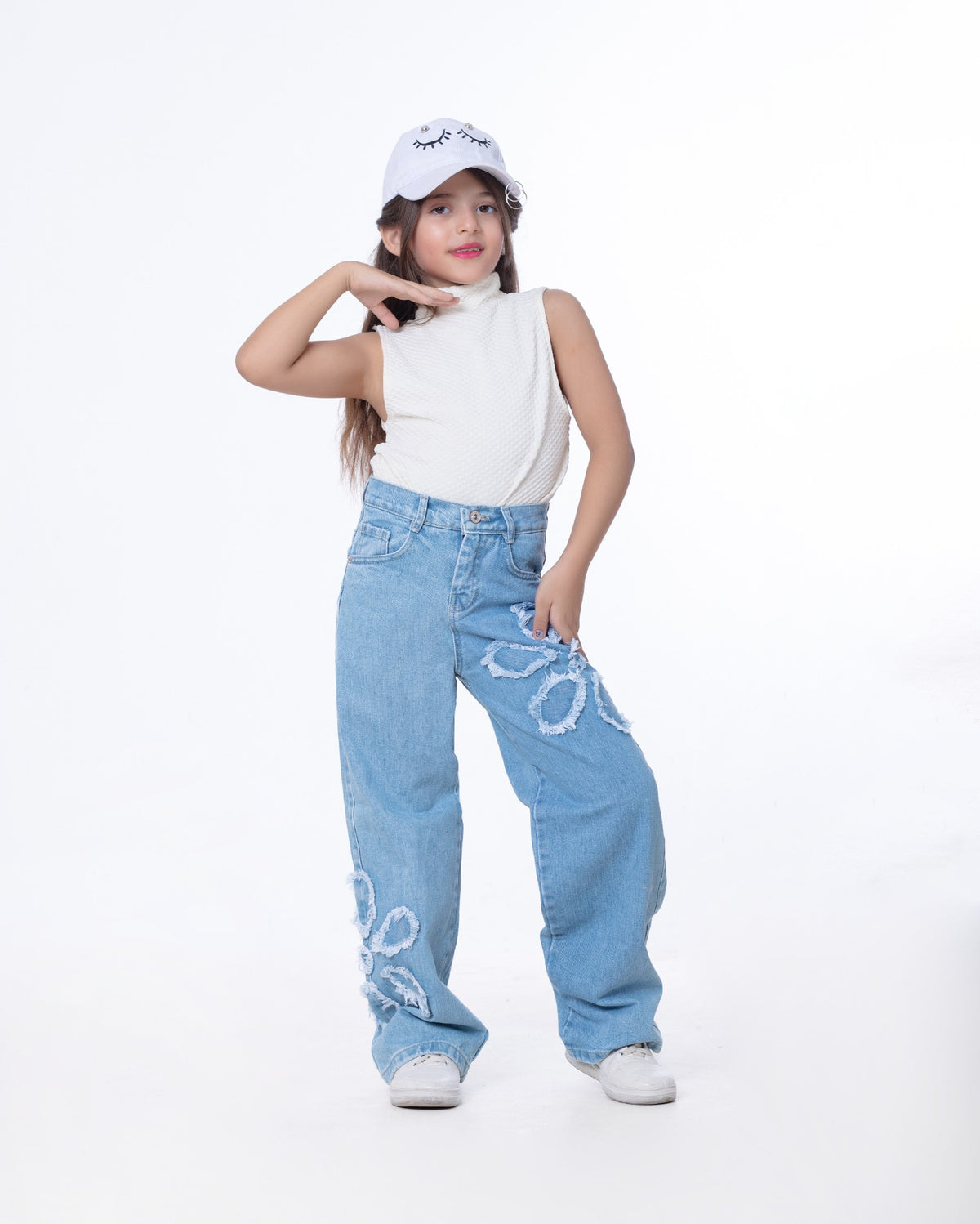 High Waist Straight Flower Pattern Light Blue Jeans Pants Teenager OB-643C
