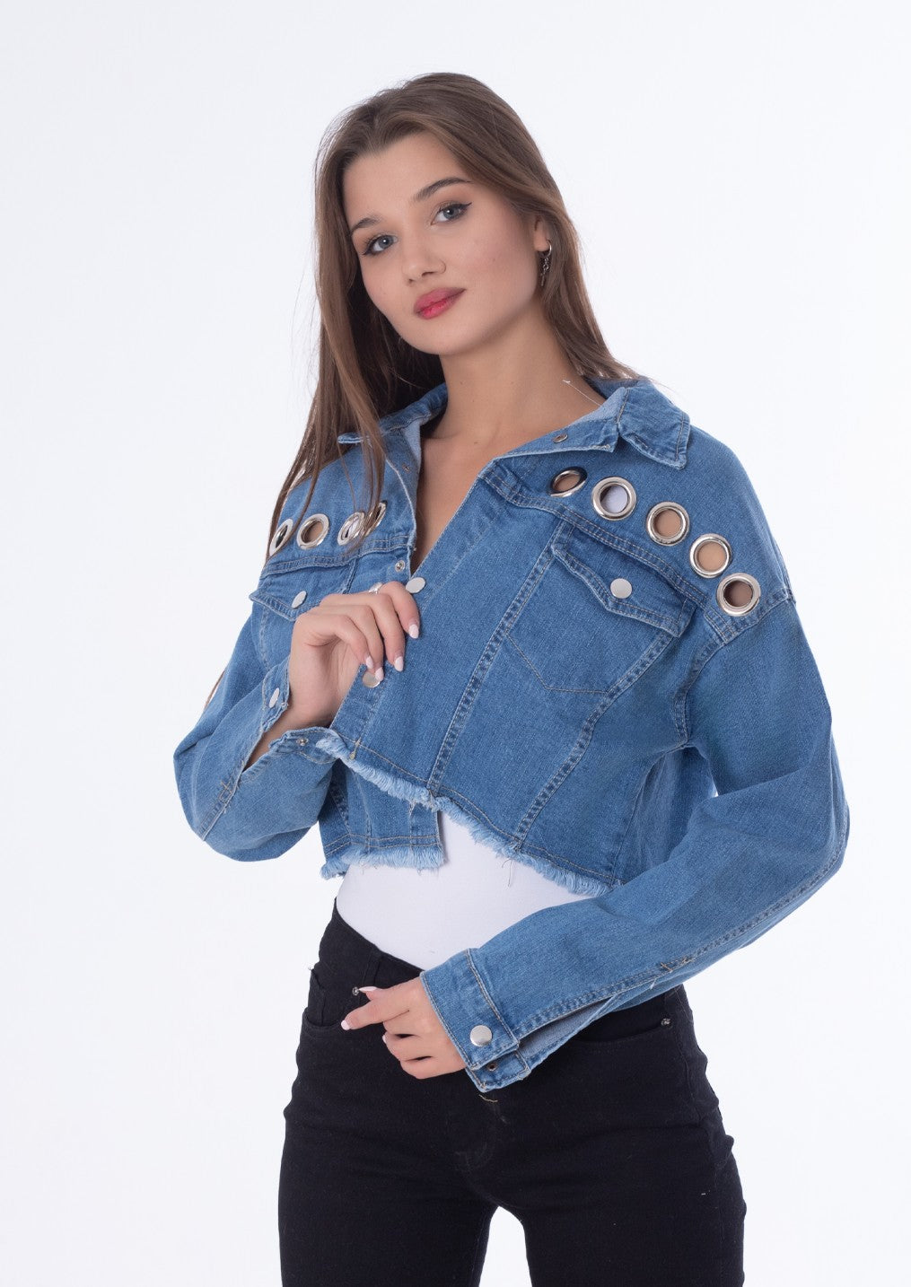Metal Rings Jeans Jacket Dark Blue Color OJ-549A