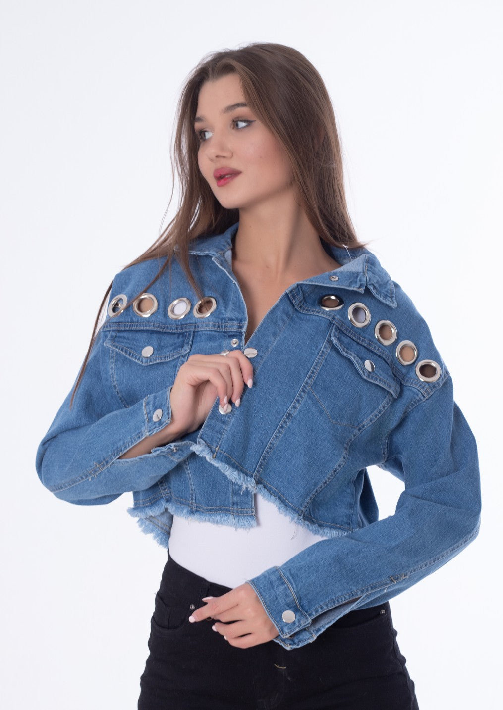 Metal Rings Jeans Jacket Dark Blue Color OJ-549A