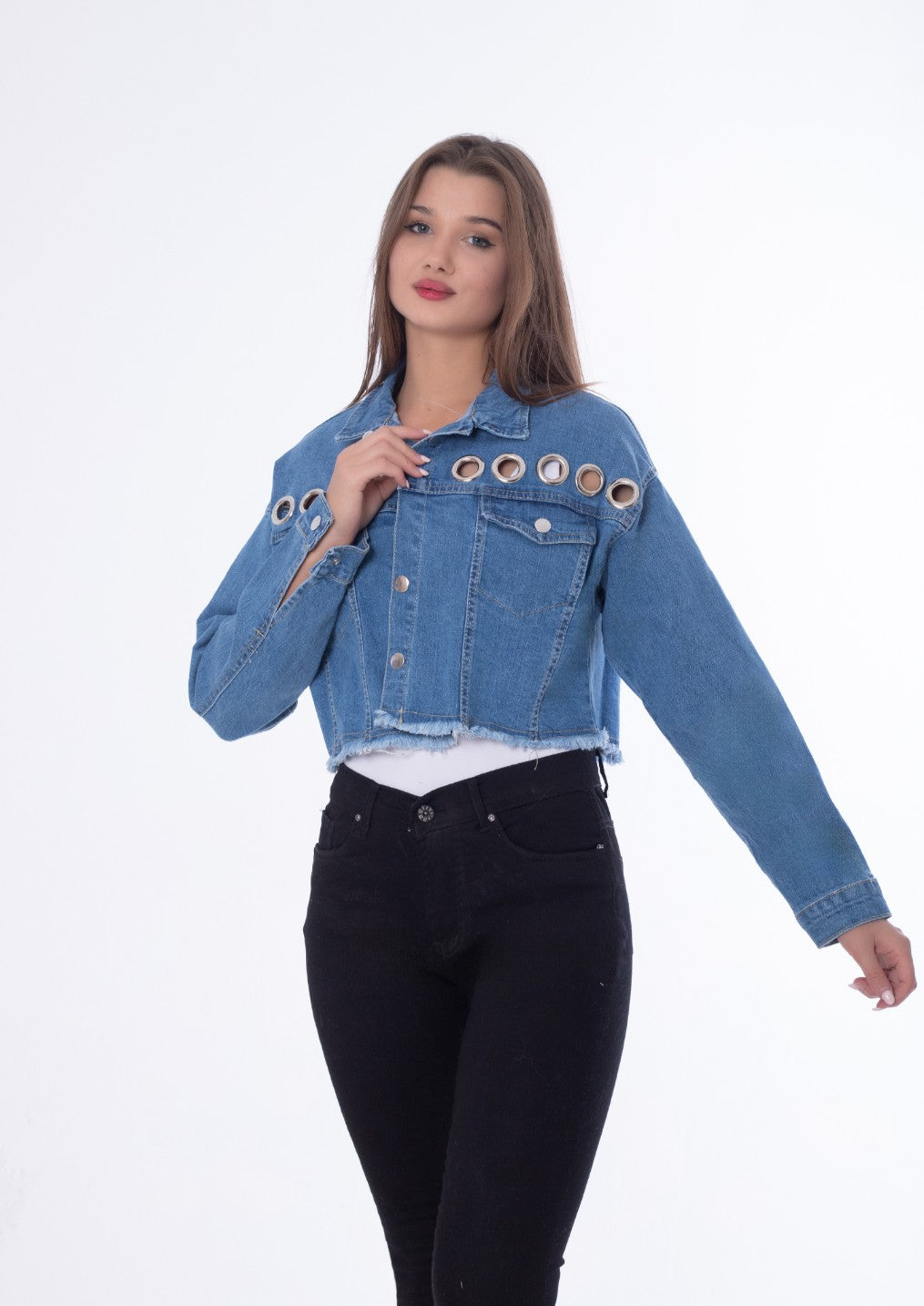 Metal Rings Jeans Jacket Dark Blue Color OJ-549A
