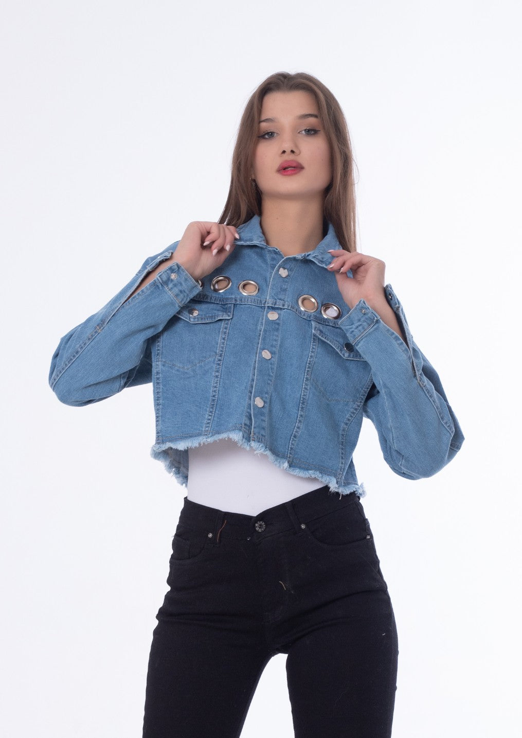 Metal Rings Jeans Jacket Medium Blue Color OJ-549B
