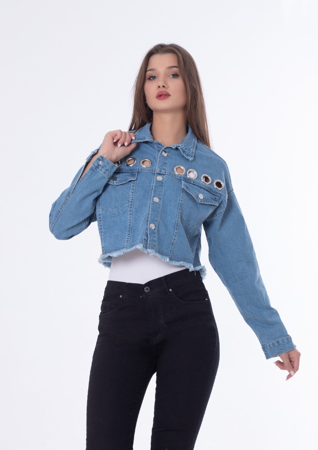 Metal Rings Jeans Jacket Medium Blue Color OJ-549B