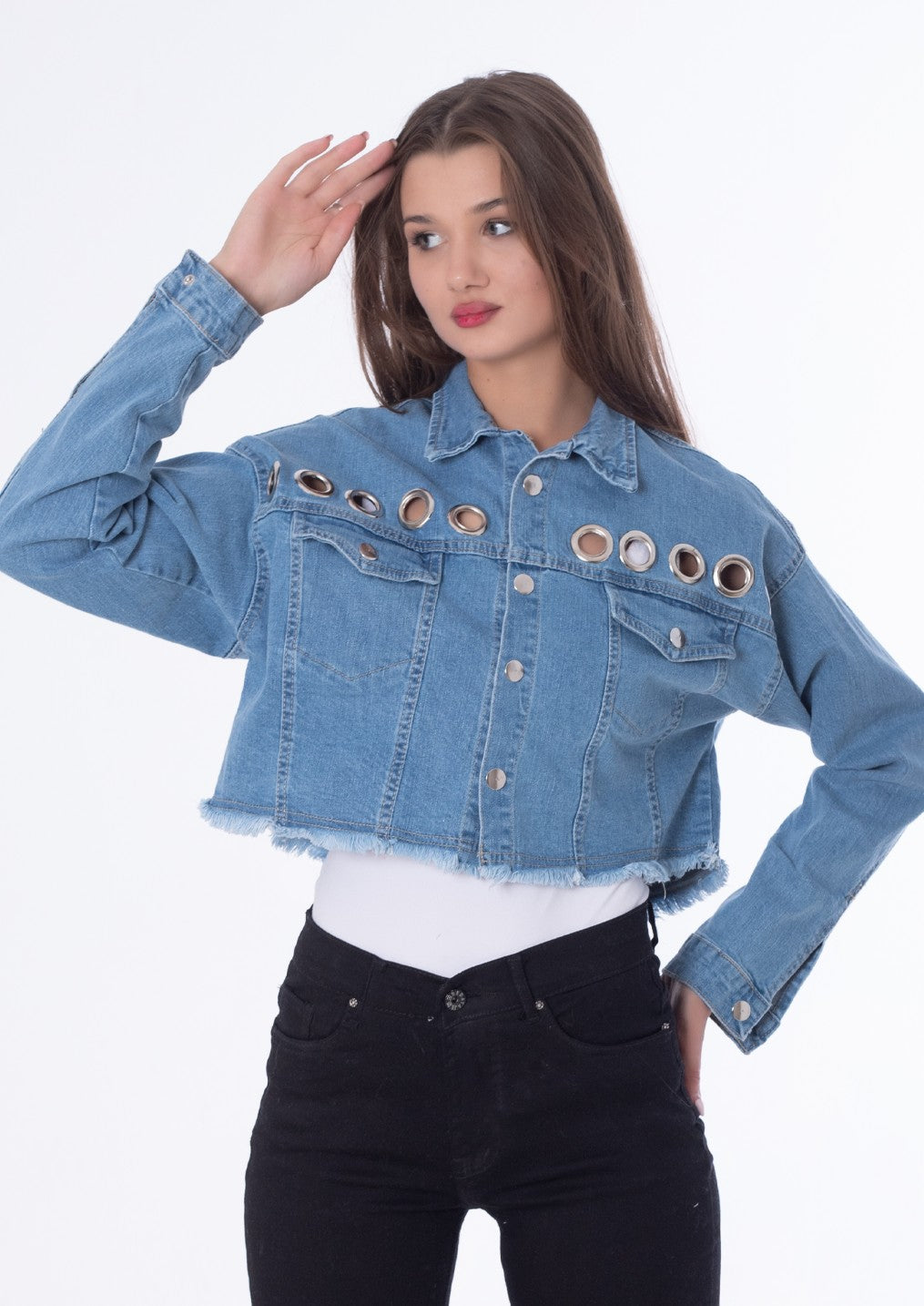 Metal Rings Jeans Jacket Medium Blue Color OJ-549B