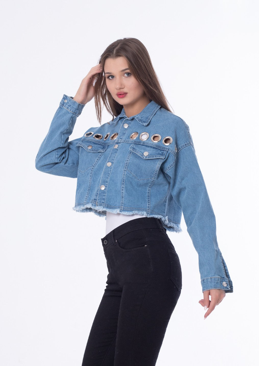 Metal Rings Jeans Jacket Medium Blue Color OJ-549B