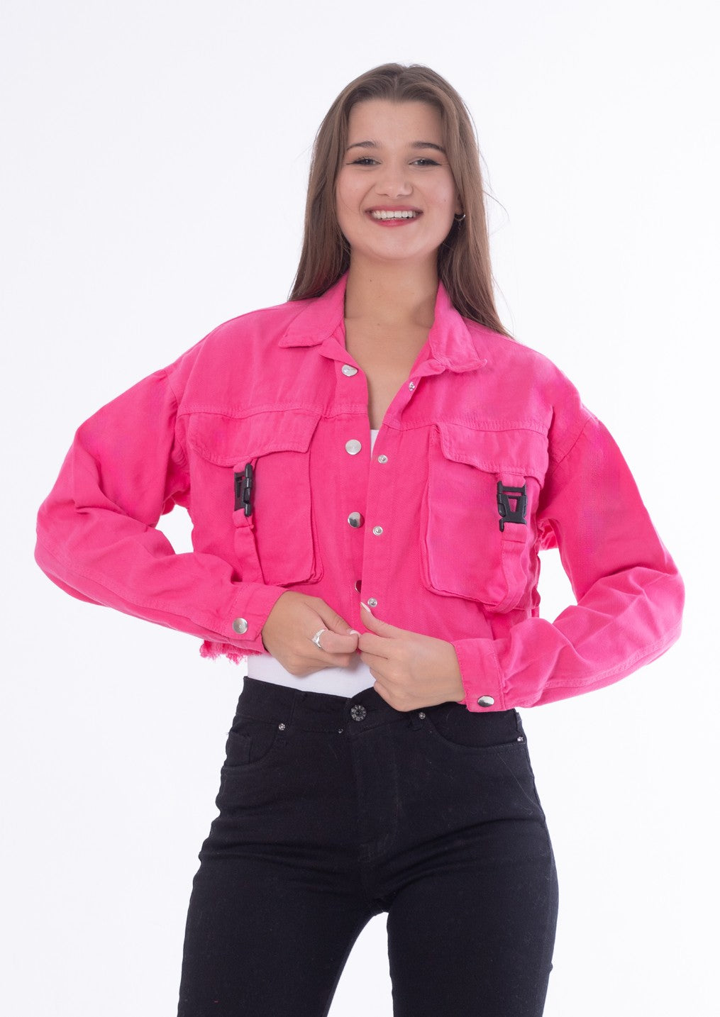 Gabardine Jacket With Front Chain Closure Pink Color OJ-548P