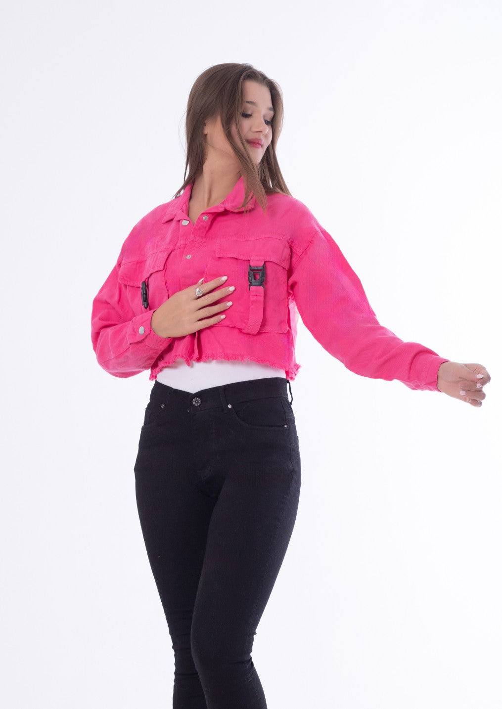 Gabardine Jacket With Front Chain Closure Pink Color OJ-548P