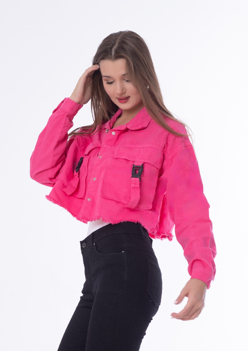 Gabardine Jacket With Front Chain Closure Pink Color OJ-548P