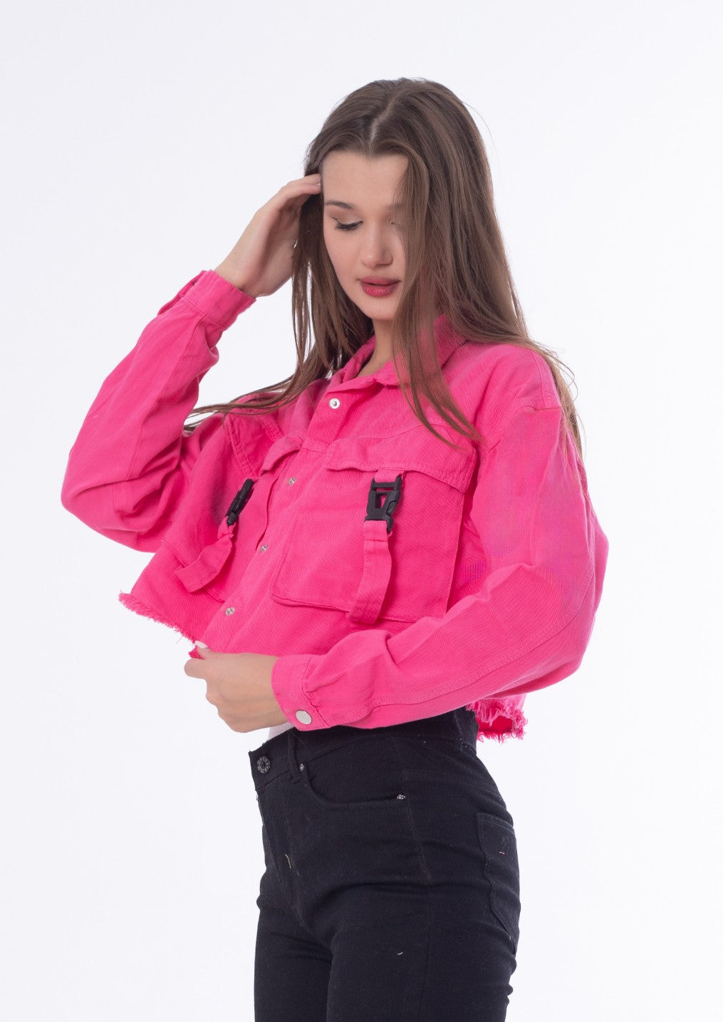 Gabardine Jacket With Front Chain Closure Pink Color OJ-548P