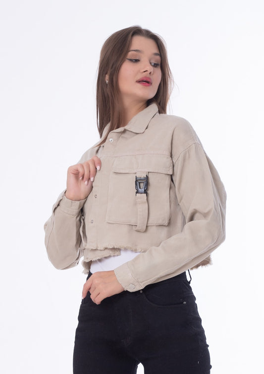 Gabardine Jacket With Front Chain Closure Beige Color OJ-548CR