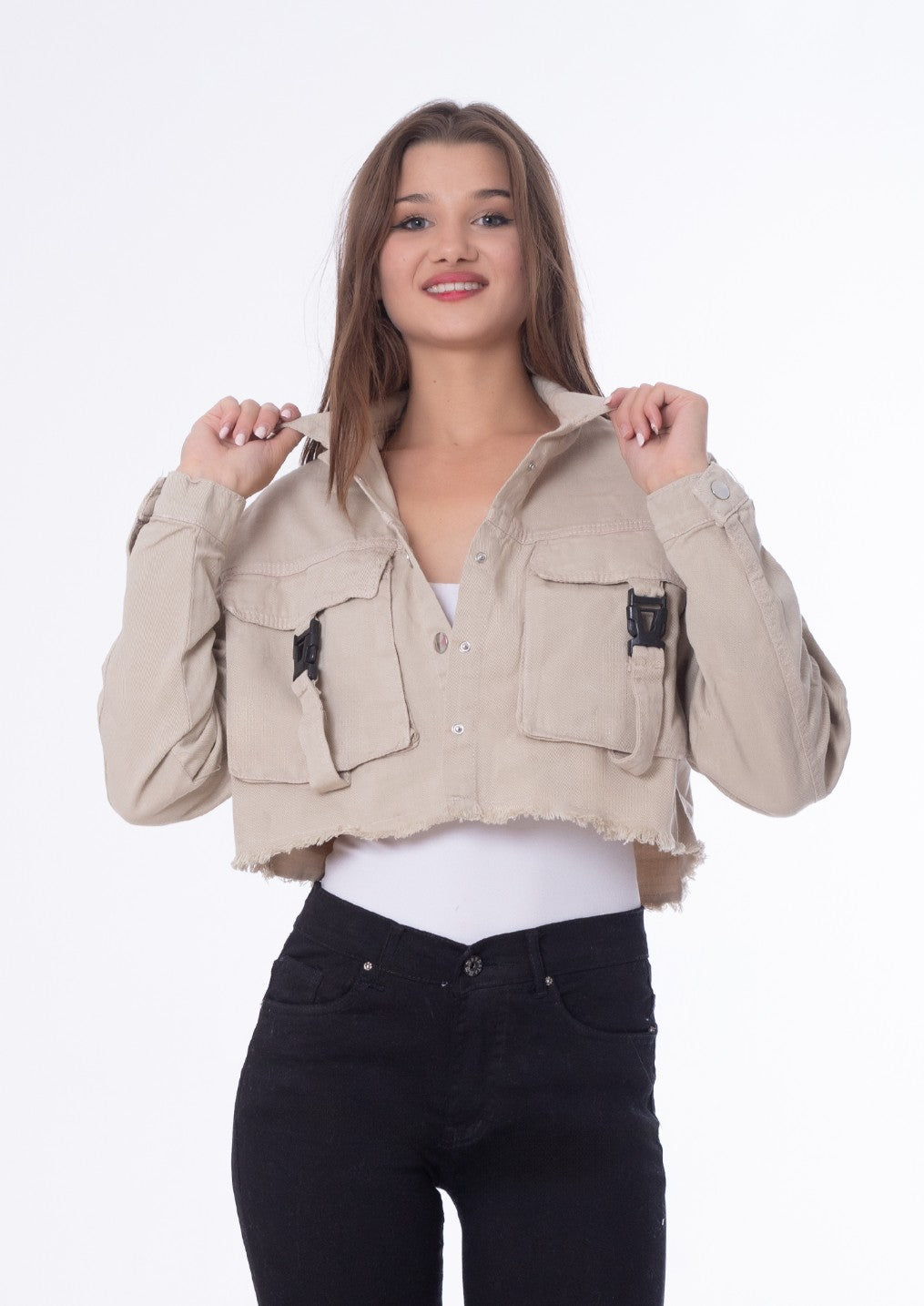 Gabardine Jacket With Front Chain Closure Beige Color OJ-548CR