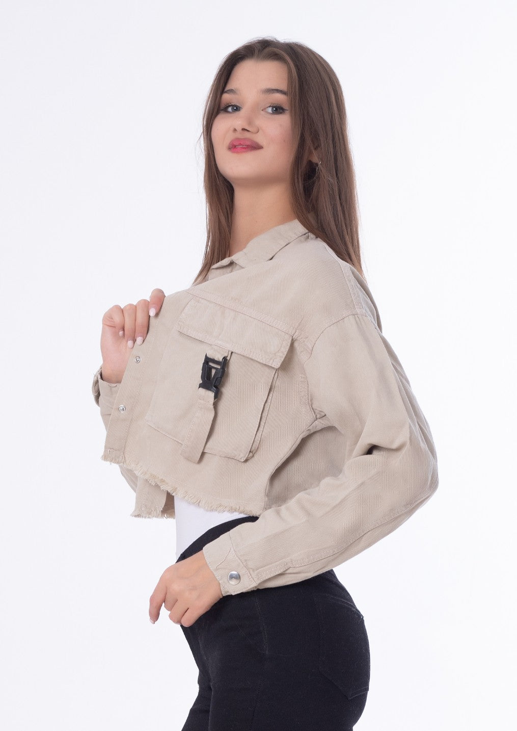 Gabardine Jacket With Front Chain Closure Beige Color OJ-548CR