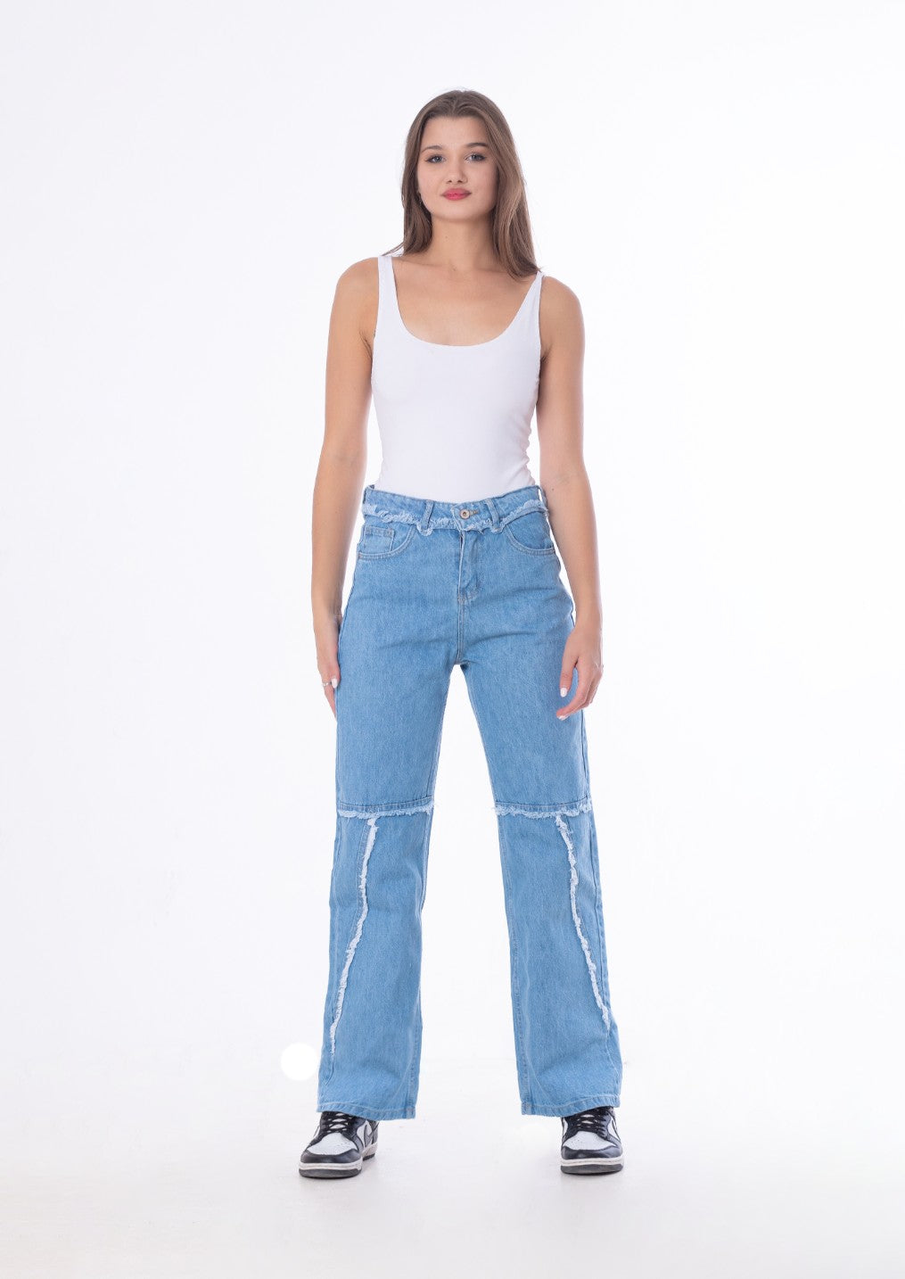 Waist Fringe Straight Jeans Pants Light Blue Color OB-646C