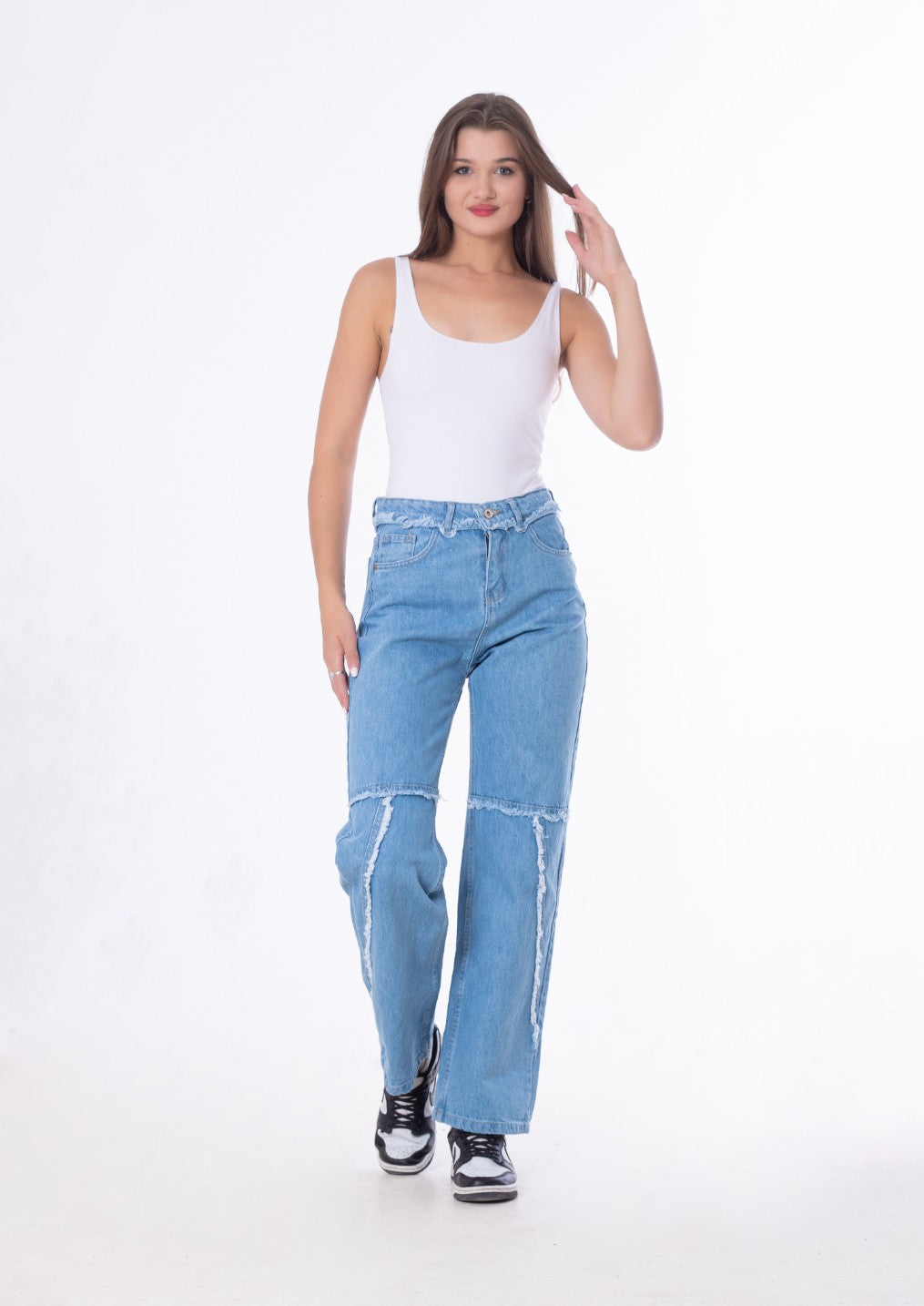 Waist Fringe Straight Jeans Pants Light Blue Color OB-646C