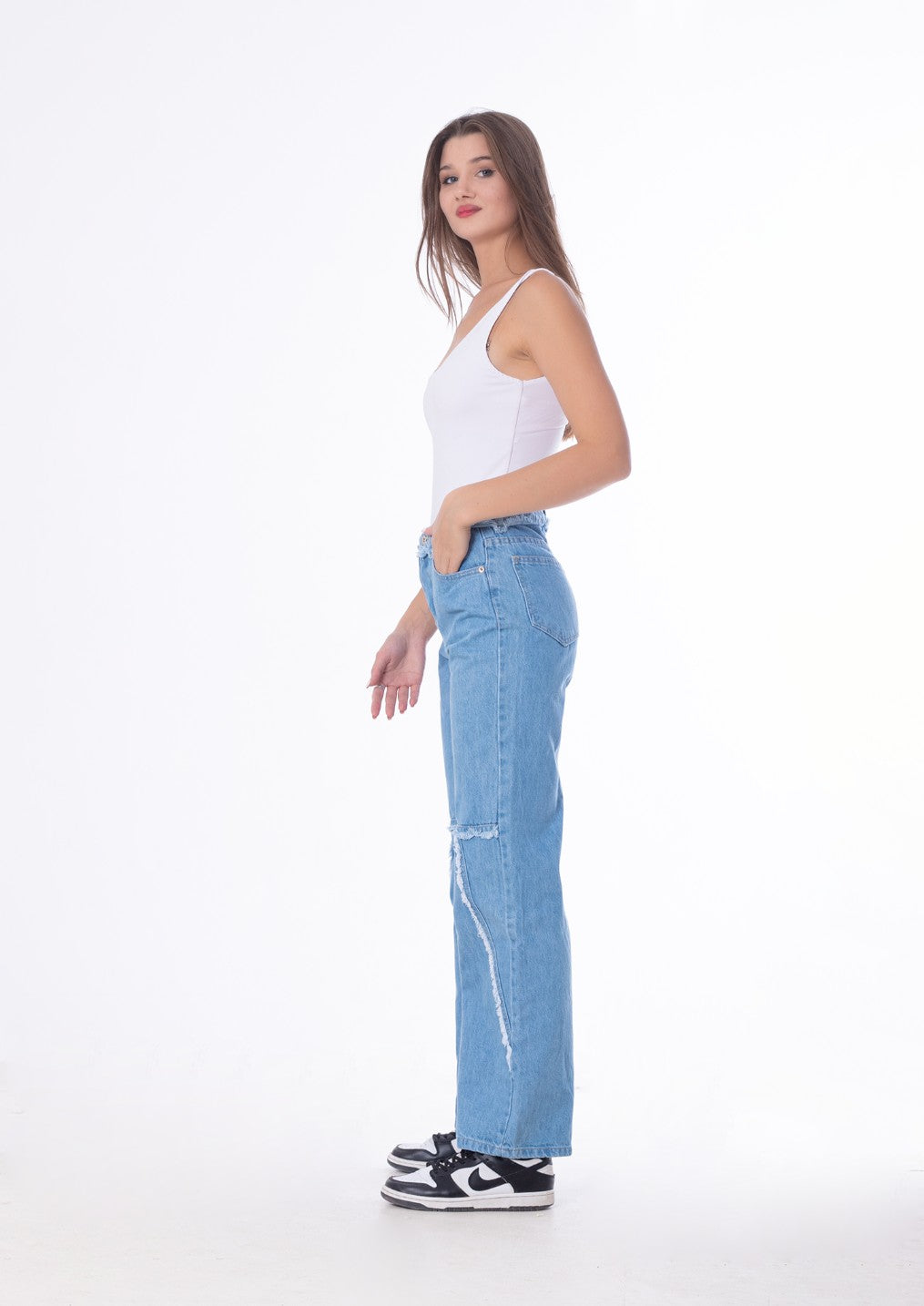Waist Fringe Straight Jeans Pants Light Blue Color OB-646C
