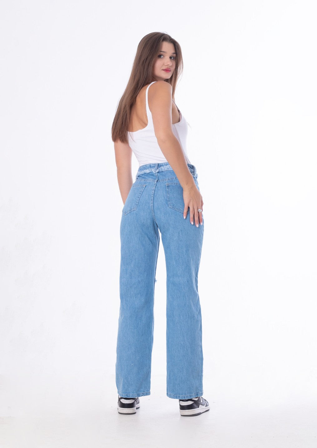 Waist Fringe Straight Jeans Pants Light Blue Color OB-646C