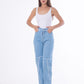 Waist Fringe Straight Jeans Pants Ice Blue Color OB-646i