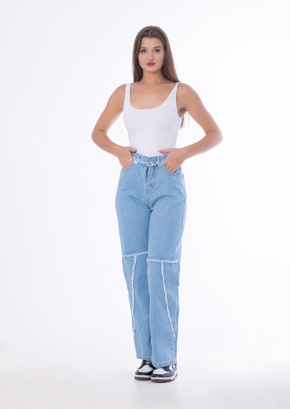Waist Fringe Straight Jeans Pants Ice Blue Color OB-646i