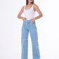 Waist Fringe Straight Jeans Pants Ice Blue Color OB-646i