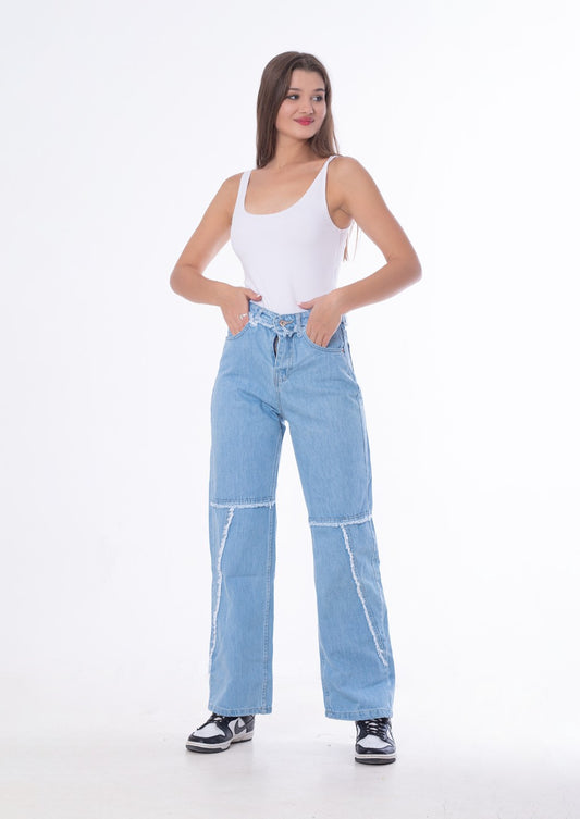 Waist Fringe Straight Jeans Pants Ice Blue Color OB-646i