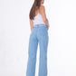 Waist Fringe Straight Jeans Pants Ice Blue Color OB-646i