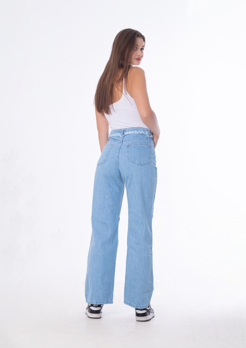 Waist Fringe Straight Jeans Pants Ice Blue Color OB-646i