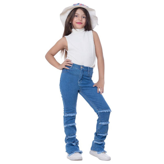 High Waist Charleston Fringe Trim Jeans Pants Medium Blue Color Teenager OH-645B