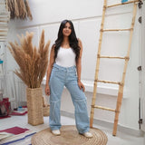 Waist Fringe Straight Jeans Pants Ice Blue Color OB-646i