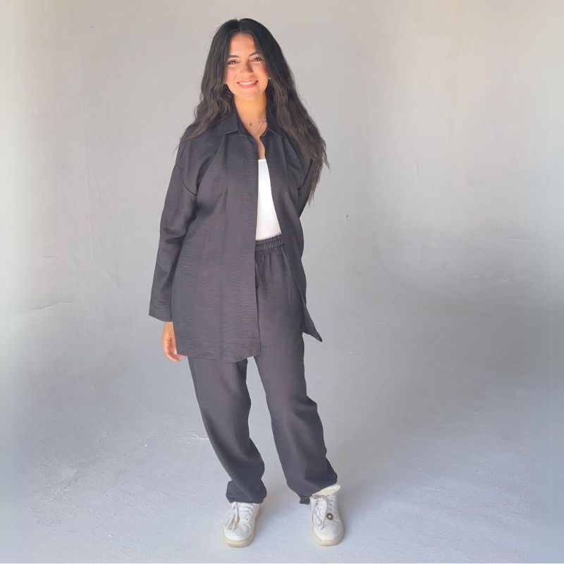 Mamilly Jeans Women Summer Suit Spanish Linen Long Sleeve Shirt And Pants Two-Pieces Set Black Color