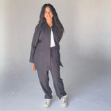 Mamilly Jeans Women Summer Suit Spanish Linen Long Sleeve Shirt And Pants Two-Pieces Set Black Color