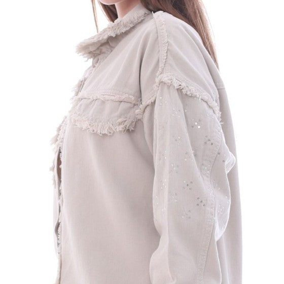 Gabardine With Sequins On The Shoulder Jacket Beige Color OJ-553BG